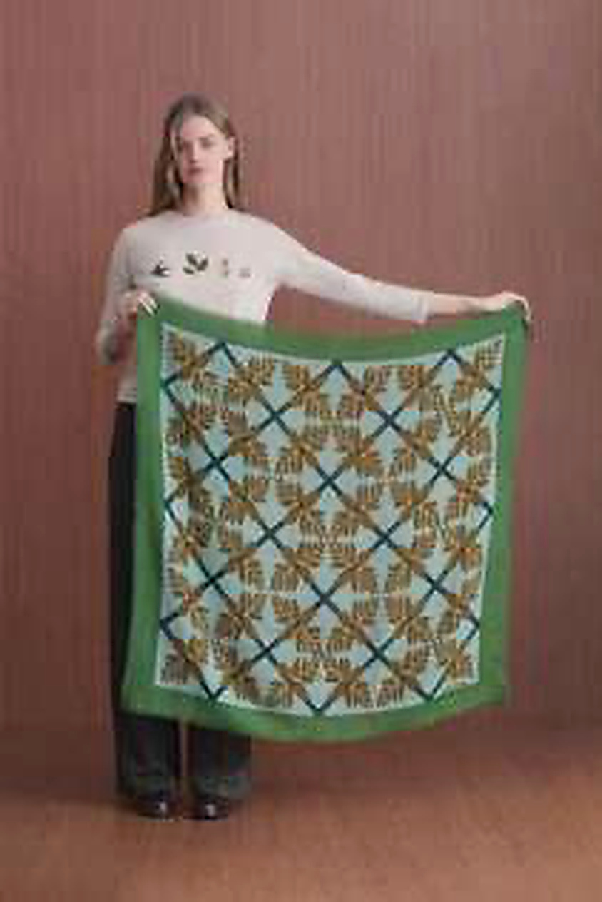 nice things paloma GEOMETRICAL LEAVES VISCOSE WOOL SCARF GRANIT GREEN