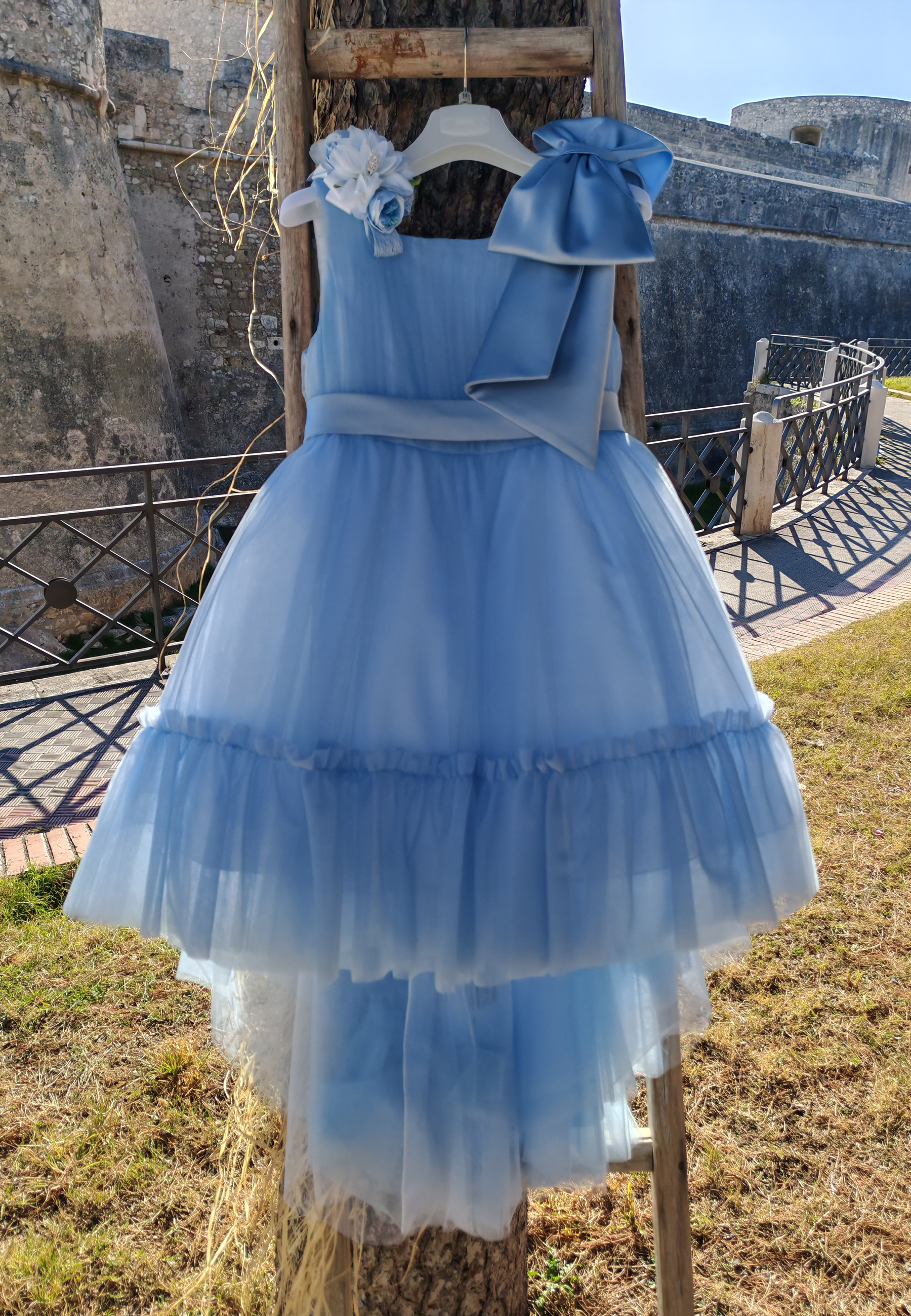 Odizli Abito Lungo In Tulle Per Bambina: Con Fiori E Stris, Per Comunioni E Damigelle (Celeste, 11-12 Anni)