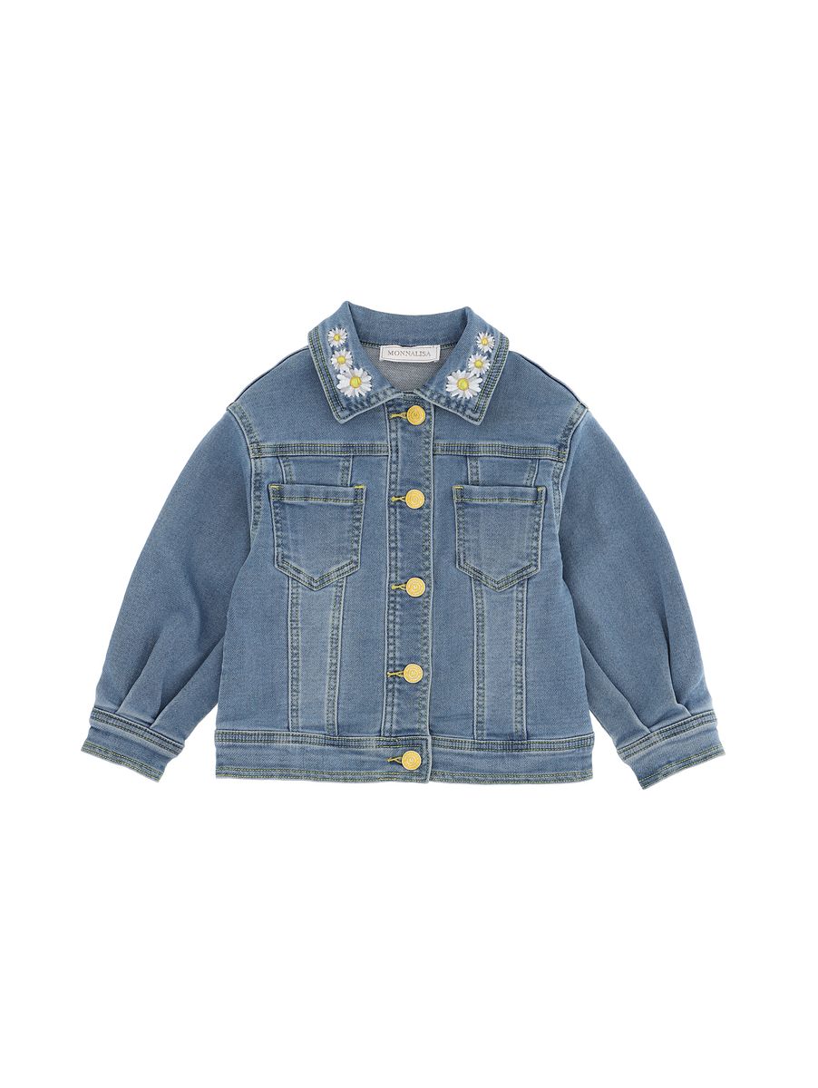 Monnalisa Bambina Giubbino Denim Con Margherite Ricamate Al Collo