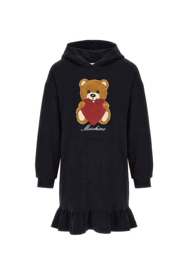 Moschino Bambina Abito Nero In Felpa Per Bambina Stampa Teddy Con
