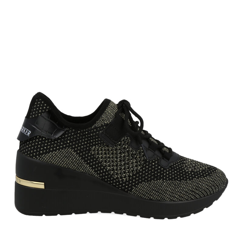 ZURIGO BLACK/GOLD.Sneakers stringata in tessuto flyknit leggero e traspirante,  di colore nero e dettagli gold, fondo zeppetta in eva leggero e flessibile