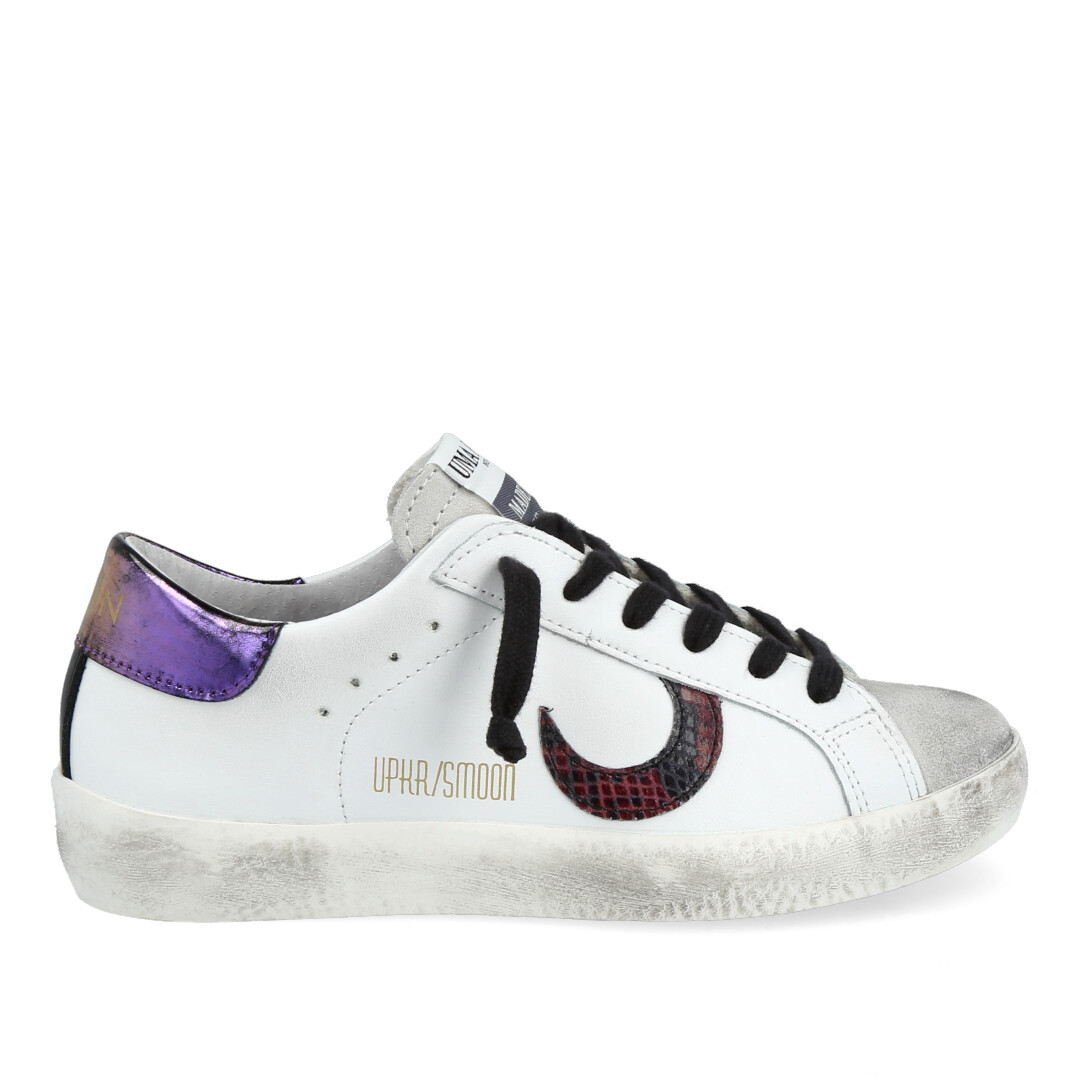 SNEAKERS UMA PARKER LINEA SUPERMOON IN PELLE ,CON FINITURE LAME' VIOLA  E PITONE.SUOLA ERGONOMICA IN GOMMA.