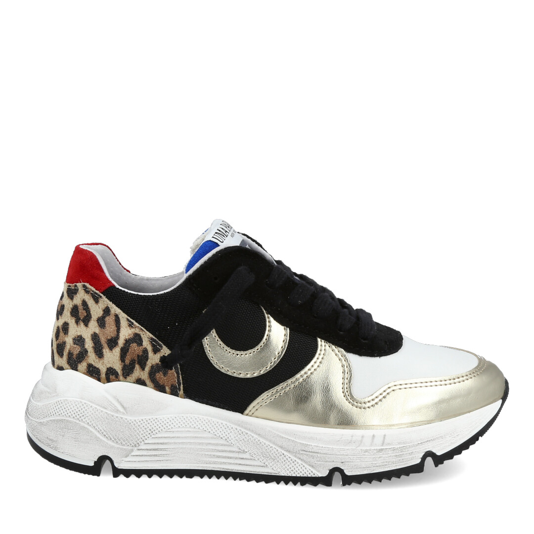 SNEAKER UMA PARKER LINEA SUPERMOON IN PELLE ,CON FINITURE ORO E LEOPARD E SUOLA ERGONOMICA IN GOMMA.