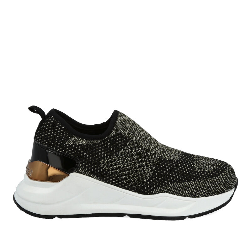CHICAGO BLACK/GOLD,SNEAKERS SLIP-ON IN TESSUTO ELASTICO NERO CON VENATURE ORO.INSERTI IN VERNICE NERA