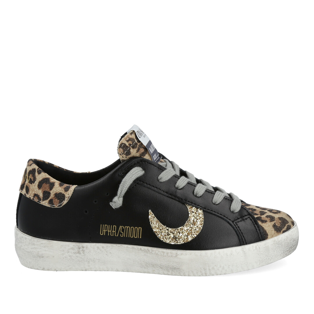 SNEAKER UMA PARKER LINEA SUPERMOON IN PELLE NERA E LEOPARD,CON FINITURE IN ORO.SUOLA ERGONOMICA IN GOMMA.