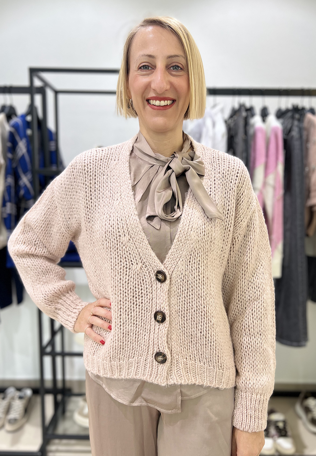 RELISH CARDIGAN BRUGES CON BOTTONI LUREX E MICRO PAILLETTES