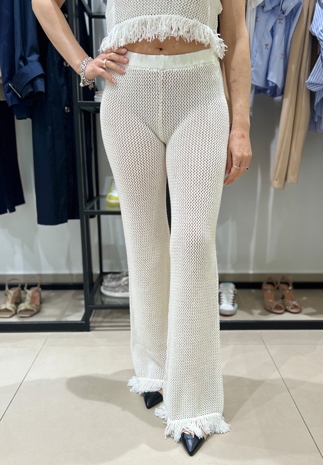 HAVEONE PANTALONE TRAFORATO CON FRANGIA
