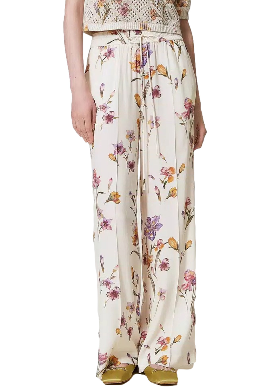 TWINSET PANTALONI IN CREPE A FIORI CON ELASTICO