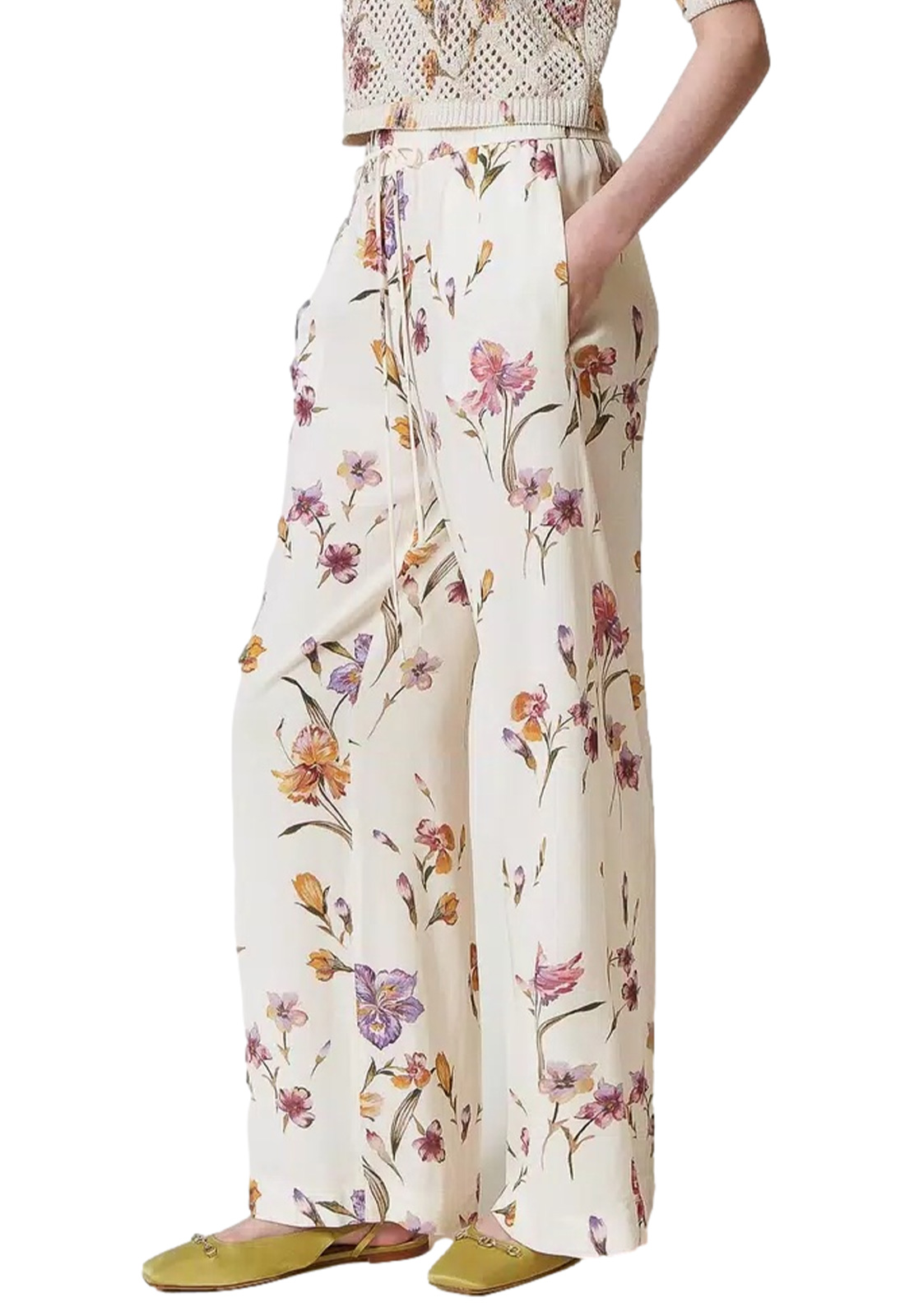 TWINSET PANTALONI IN CREPE A FIORI CON ELASTICO