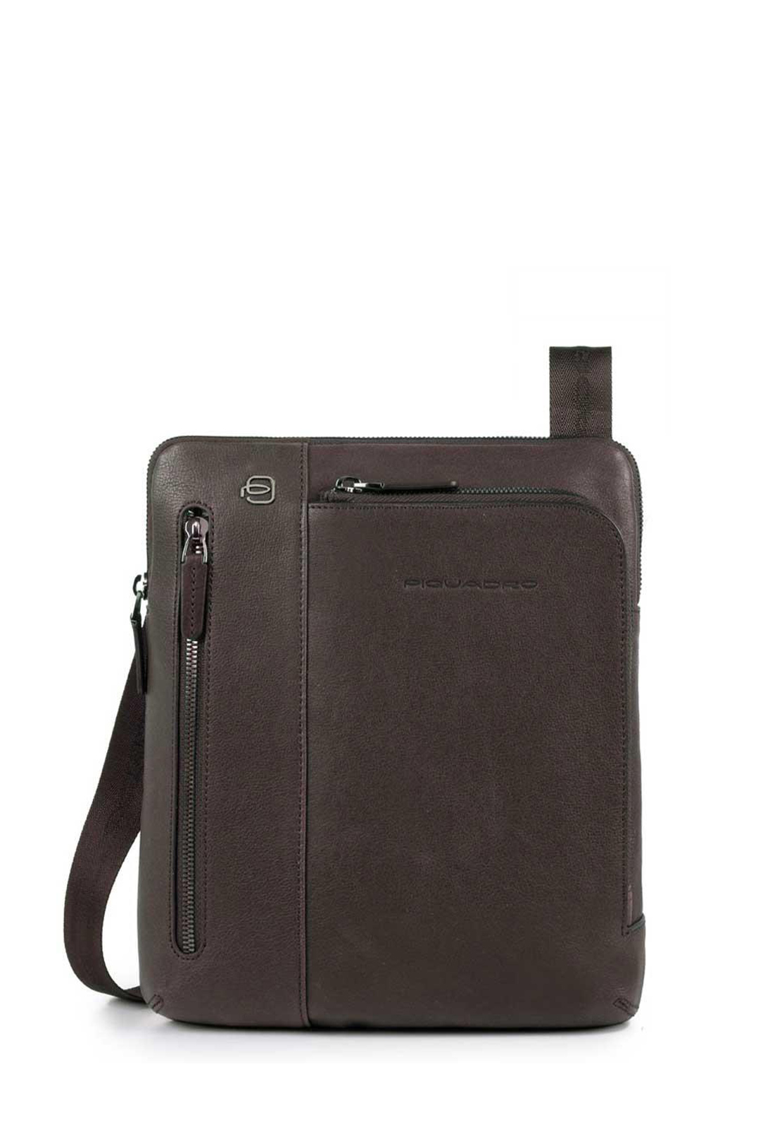 PIQUADRO BLACK SQUARE TRACOLLA IN PELLE CON 2 ZIP AVANTI