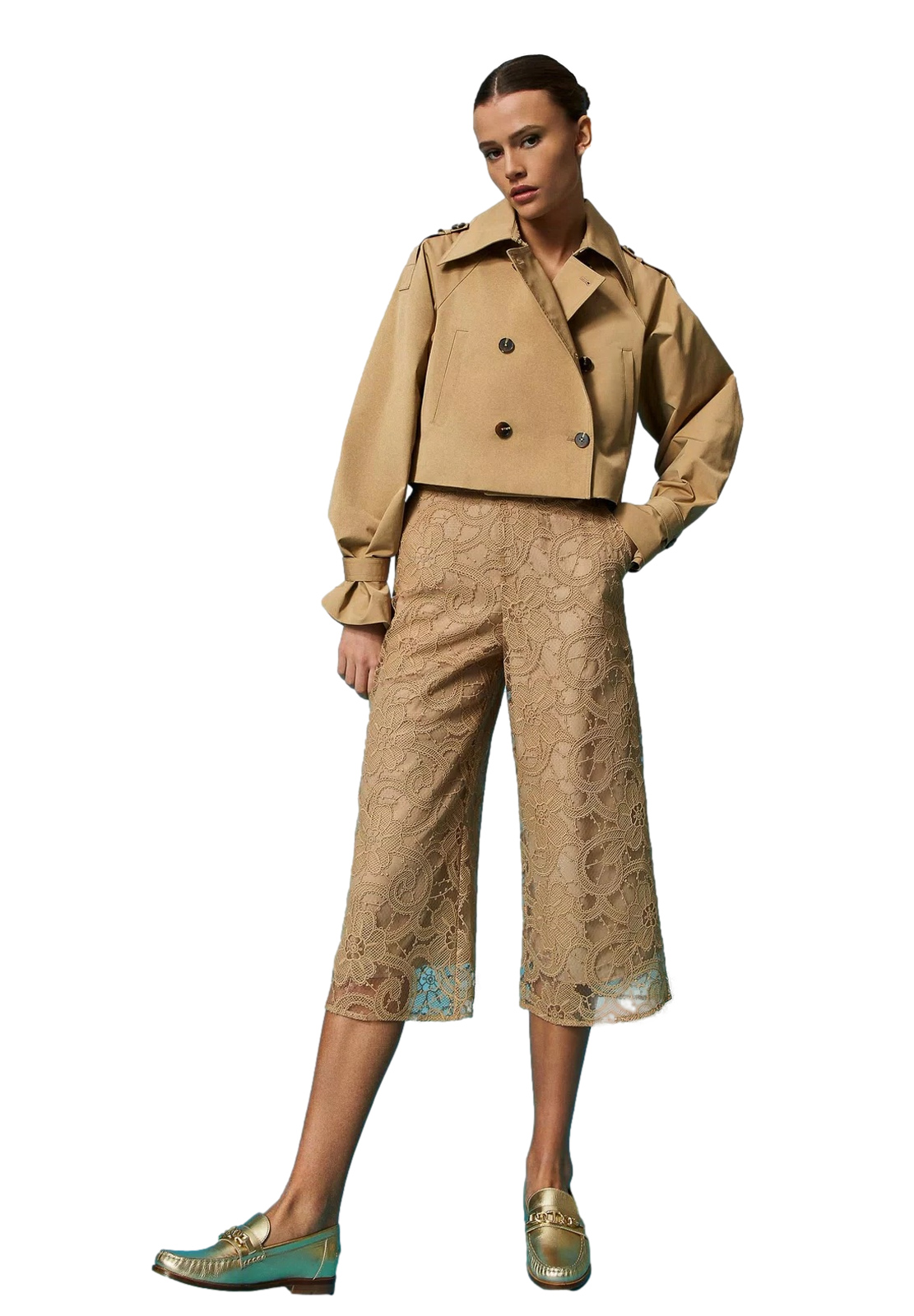 TWINSET ACTITUDE PANTALONI CROPPED IN ORGANZA RICAMATA