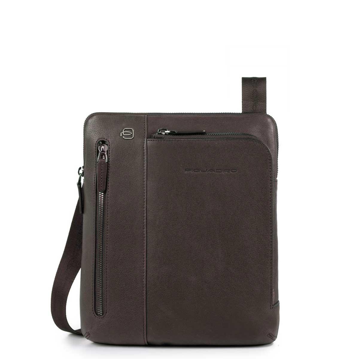 PIQUADRO BLACK SQUARE TRACOLLA IN PELLE CON 2 ZIP AVANTI