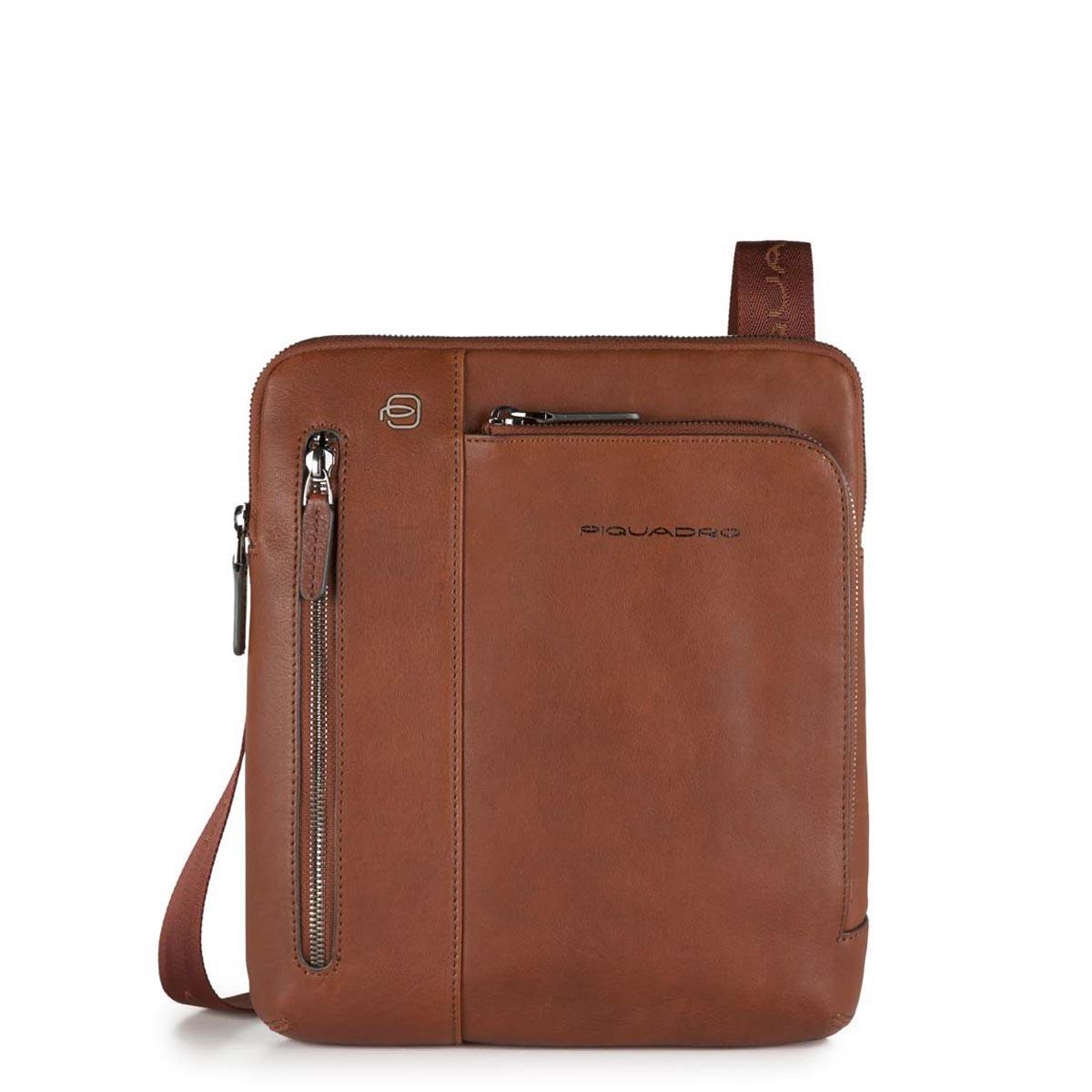 PIQUADRO BLACK SQUARE TRACOLLA IN PELLE CON 2 ZIP AVANTI