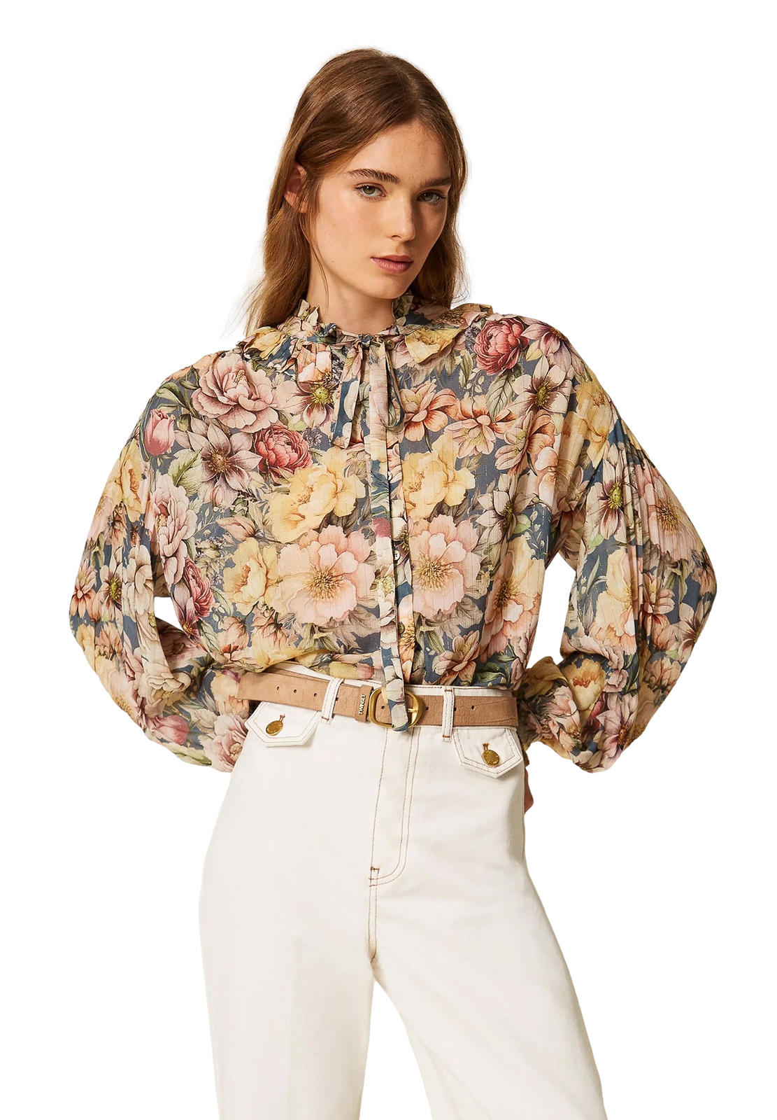 TWINSET CAMICIA IN CREPONNE FIORI E LUREX