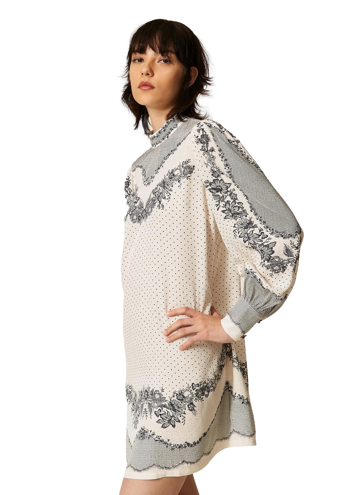 TWINSET ABITO CORTO STAMPA PIZZO E FIORI
