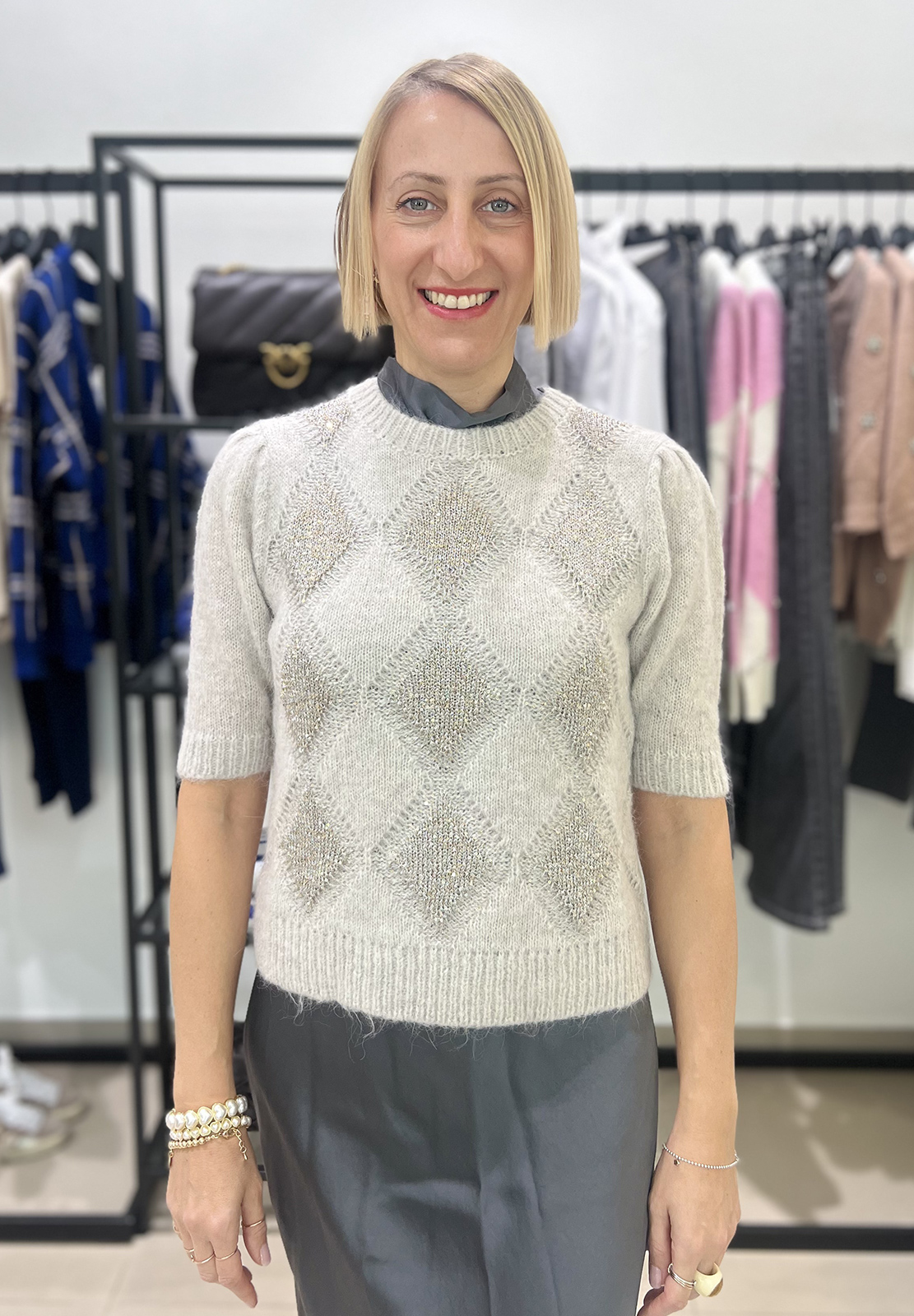 TWINSET MAGLIA MANICA CORTA CON ROMBI E PAILLETTES