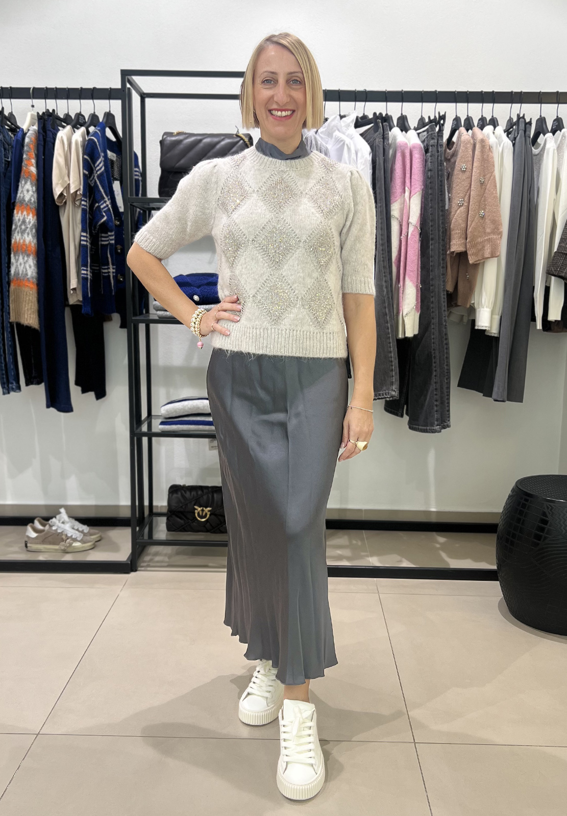 TWINSET MAGLIA MANICA CORTA CON ROMBI E PAILLETTES