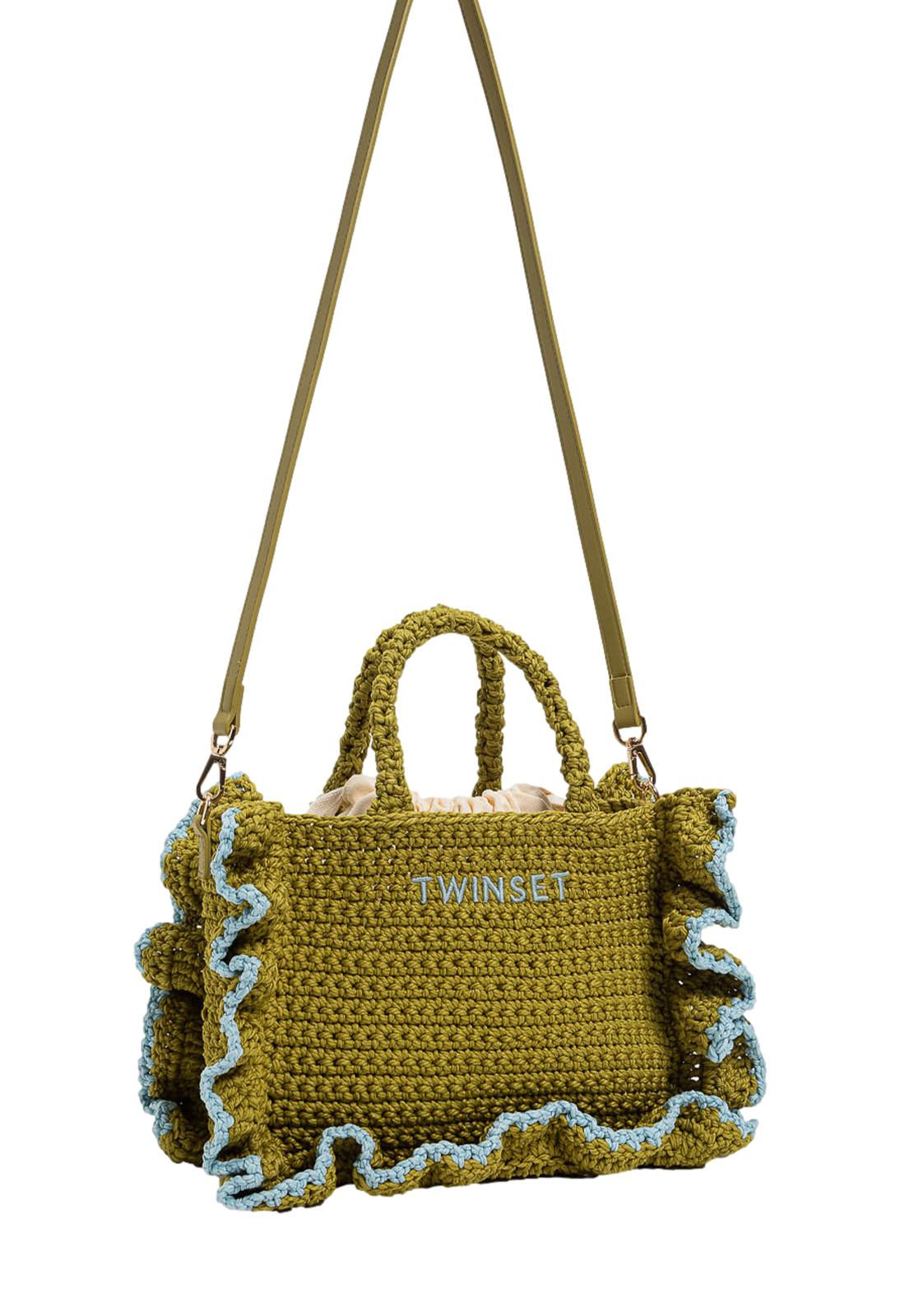 TWINSET TOTE MEDIA TESSUTO EFFETTO PAGLIA CON PROFILO UNCINETTO