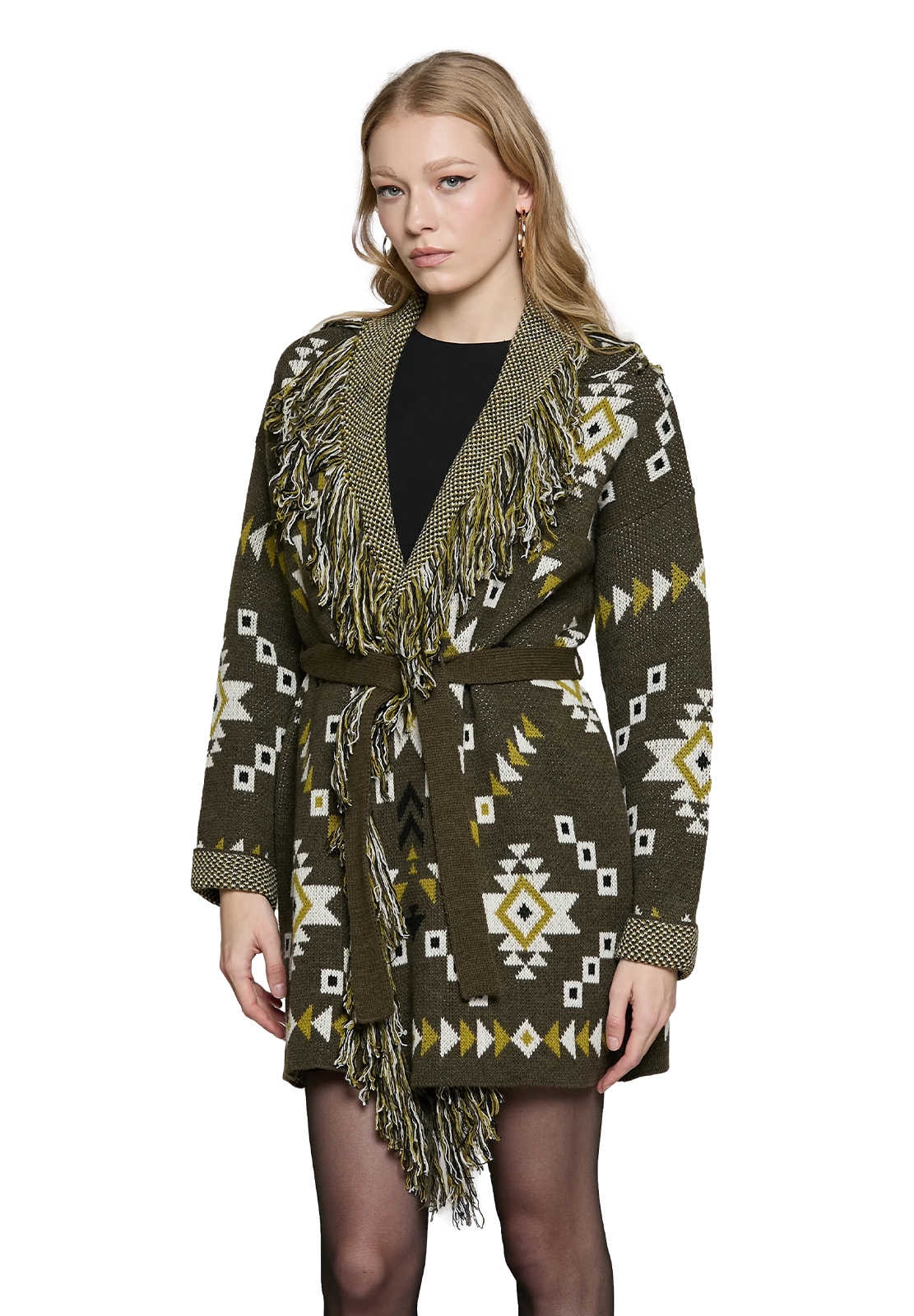 RELISH CARDIGAN ROTTERDAM CON CINTURA E FRANGE