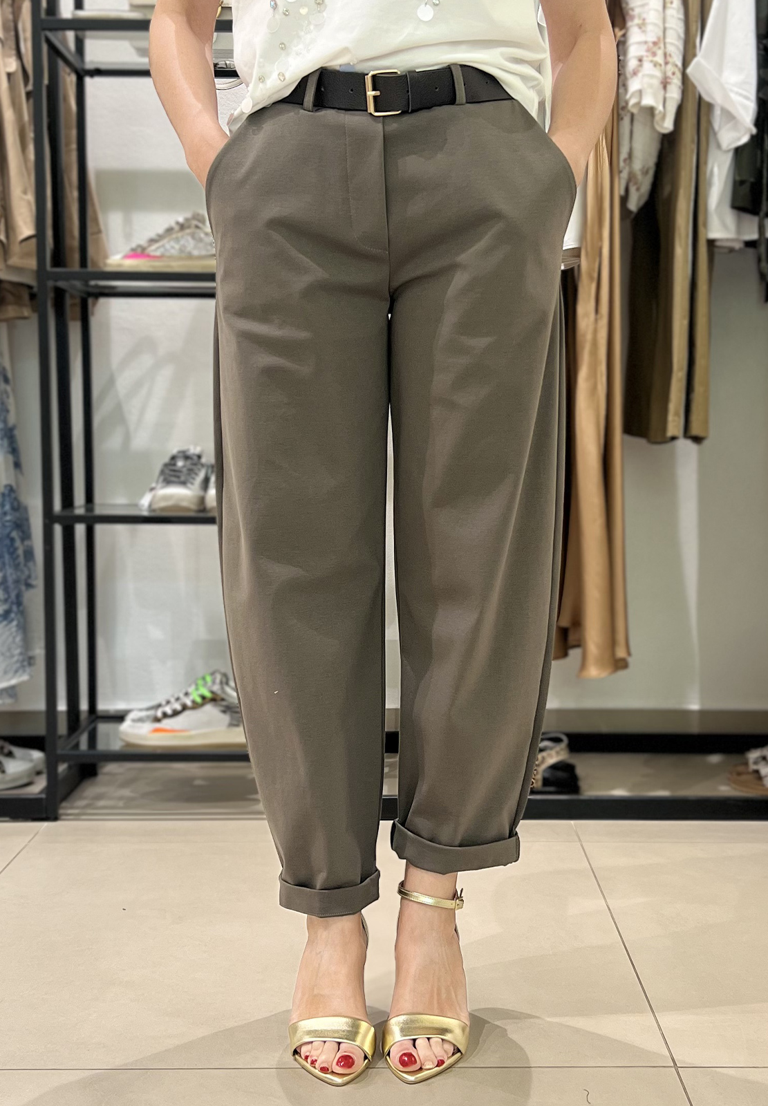 KIKISIX PANTALONI IN PUNTO MILANO CON CINTURA