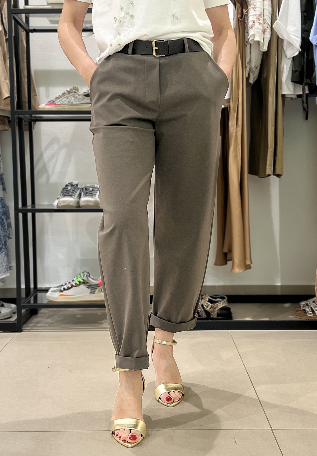 KIKISIX PANTALONI IN PUNTO MILANO CON CINTURA