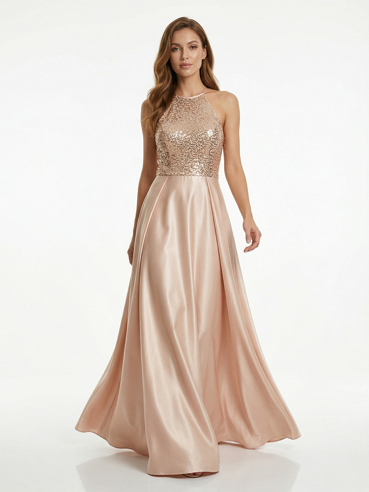 Abito lungo da cerimonia con paillettes e gonna ampia SSU050