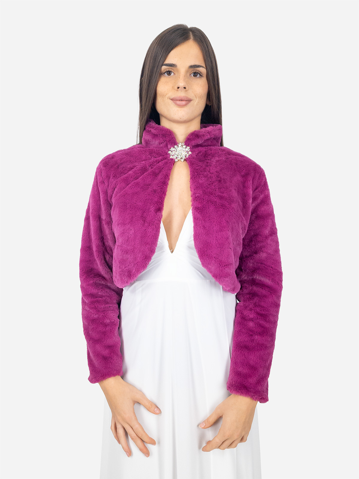 Elegant short faux fur jacket with decorative brooch