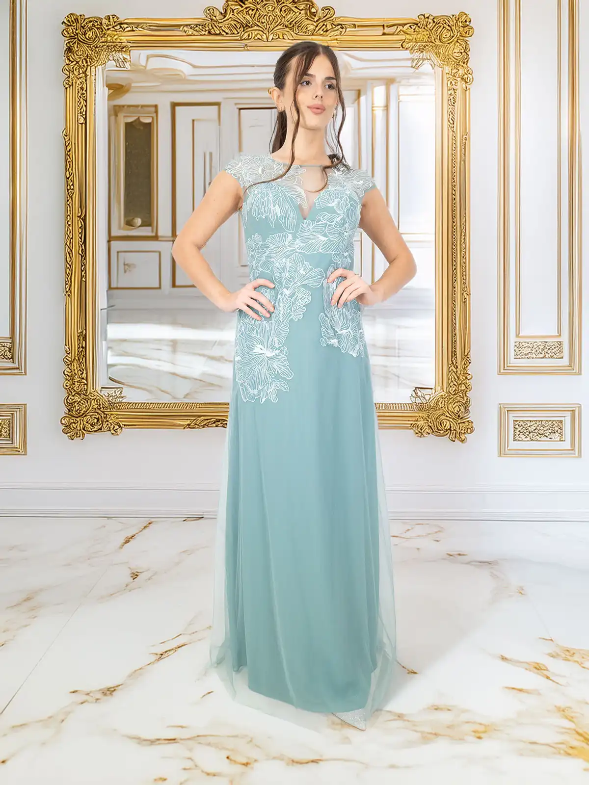 Tulle Vestito Verde Acqua Cerimonia Abito Lungo Cerimonia Con