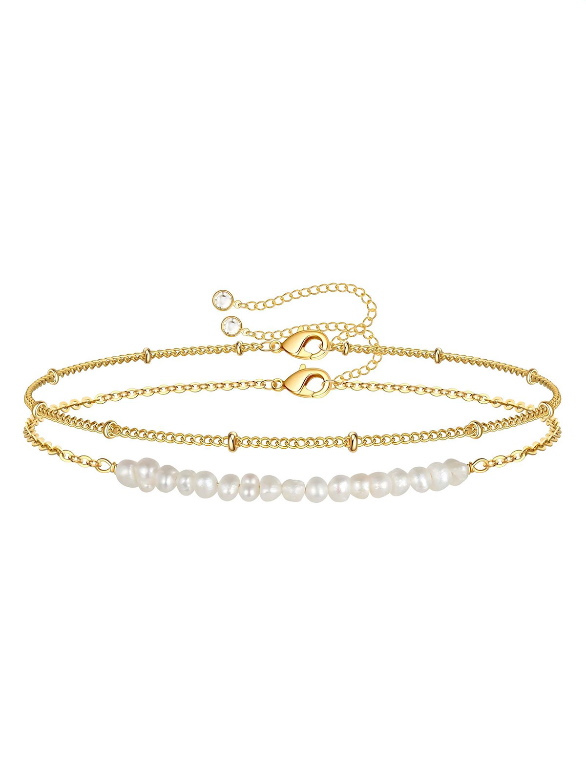 Bracciale Donna A 2 Catene Con Perle: Placcato Oro 18kt, Mezza Perla E Mezza Maglia, Chiusura A Clip, Lunghezza 20 Cm