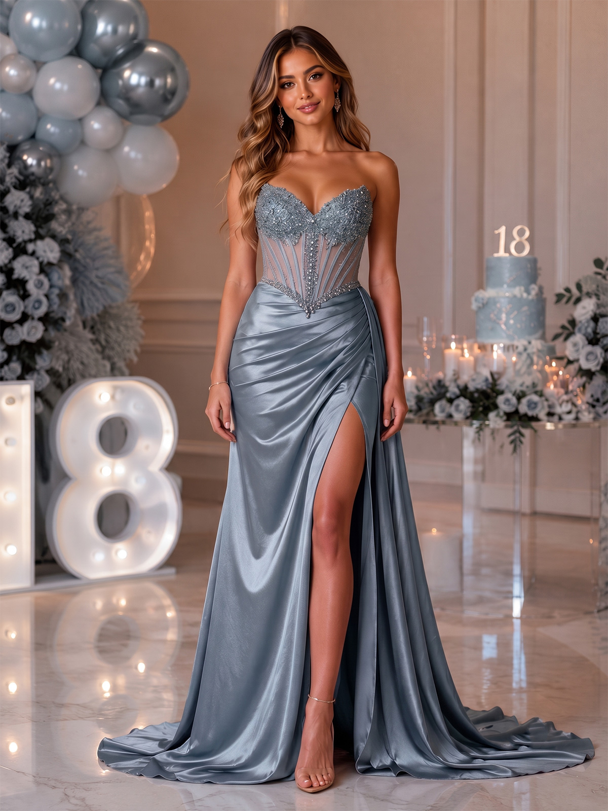 Abito Lungo a Sirena con Strass e Spacco per 18esimo Compleanno