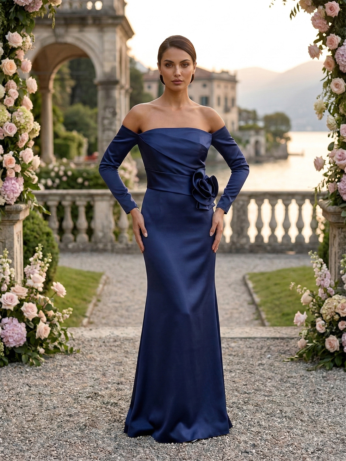 Abito a Sirena in Mikado con Fiore e Guanti ssu850