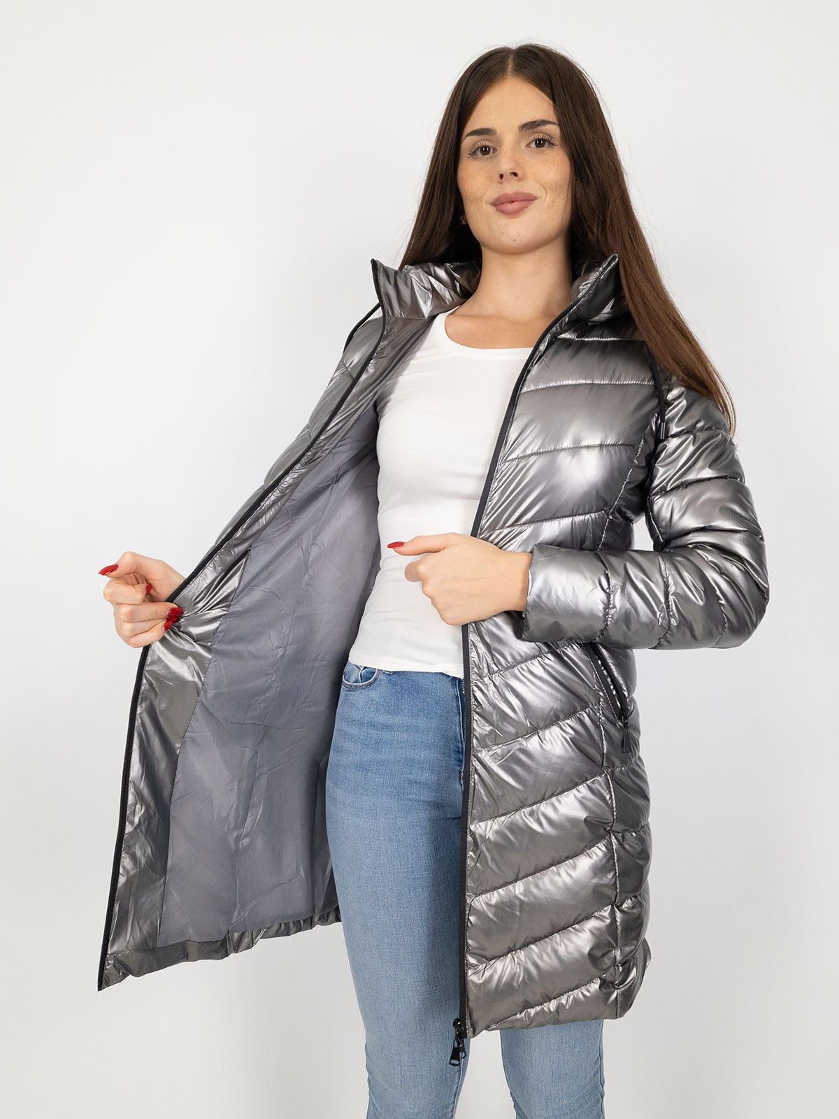 Nosit Piumino Lungo Al Ginocchio Donna Con Cappuccio Staccabile