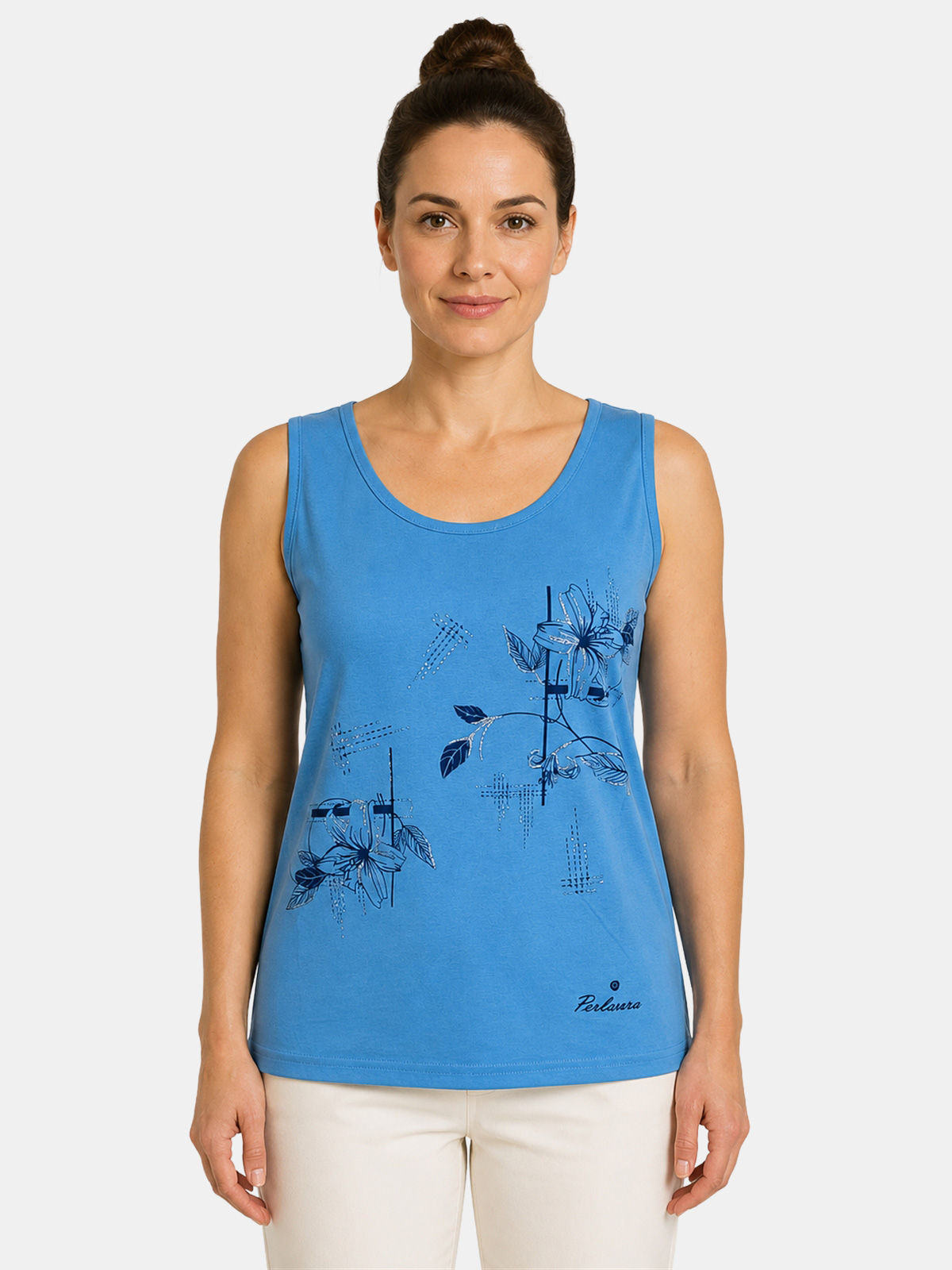 Women’s cotton tank top Perlarara with floral print and glitter Made in Italy