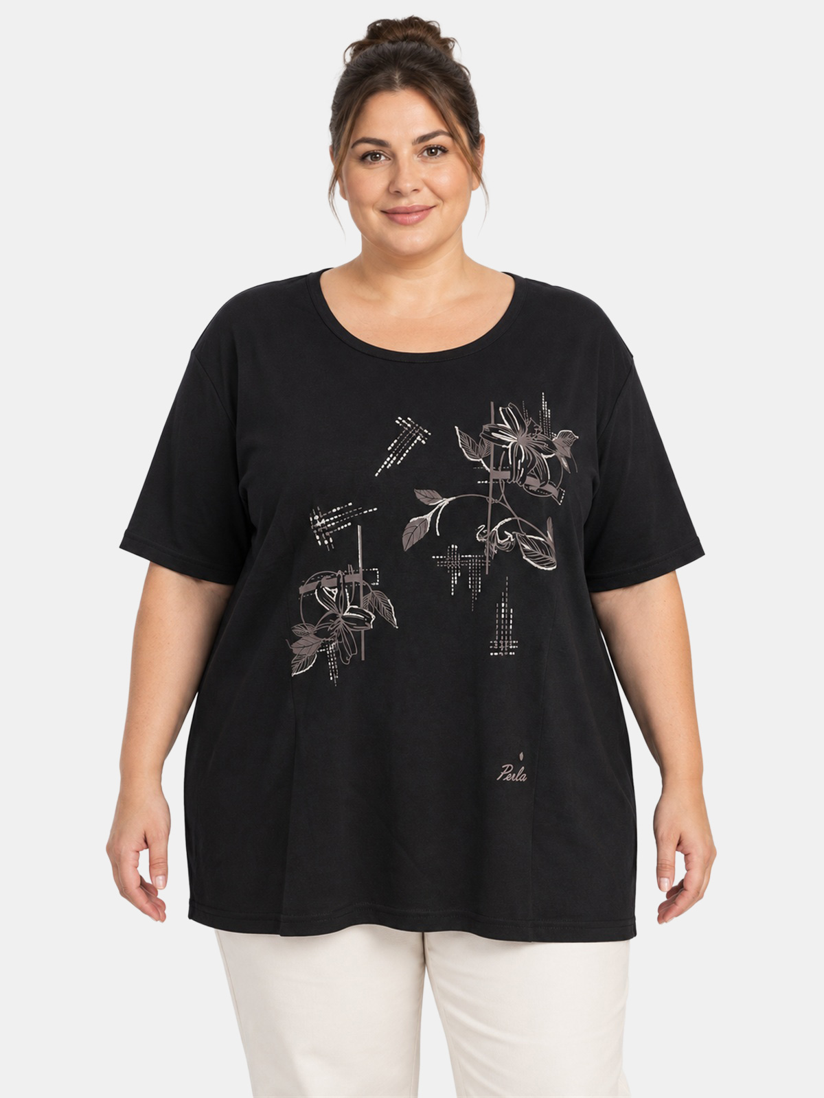 Maglietta Maxi Curvy in Cotone con Stampa Frontale Perlarara