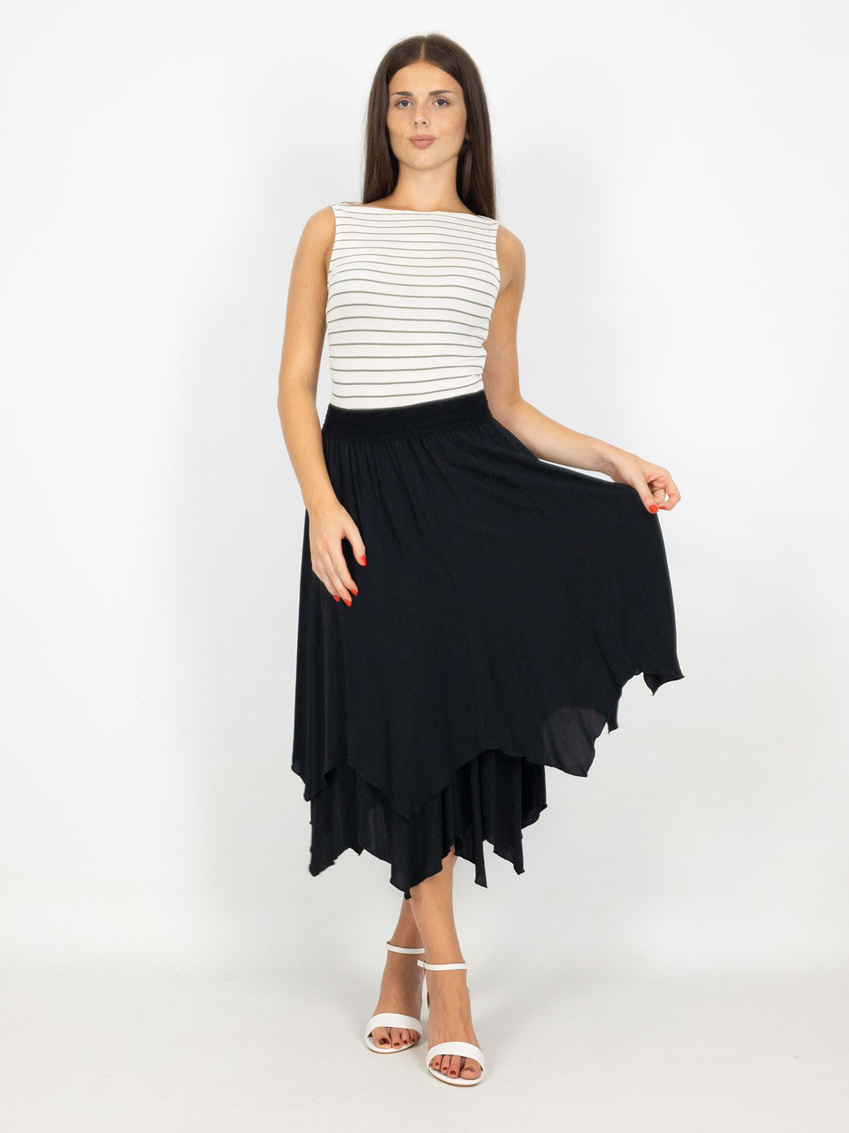 Gonna Midi Estiva In Viscosa Asimmetrica Con Elastico In Vita