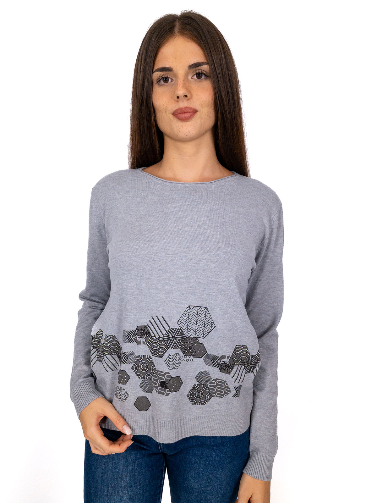 Maglia donna invernale maniche lunghe a girocollo con strass