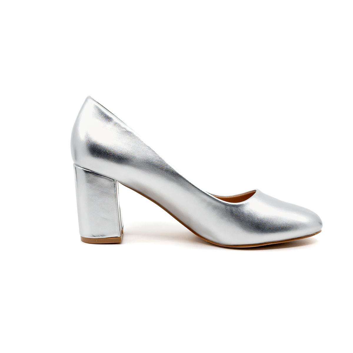 Décolleté Argento Tacco Largo Scarpe Comode A Punta Tonda