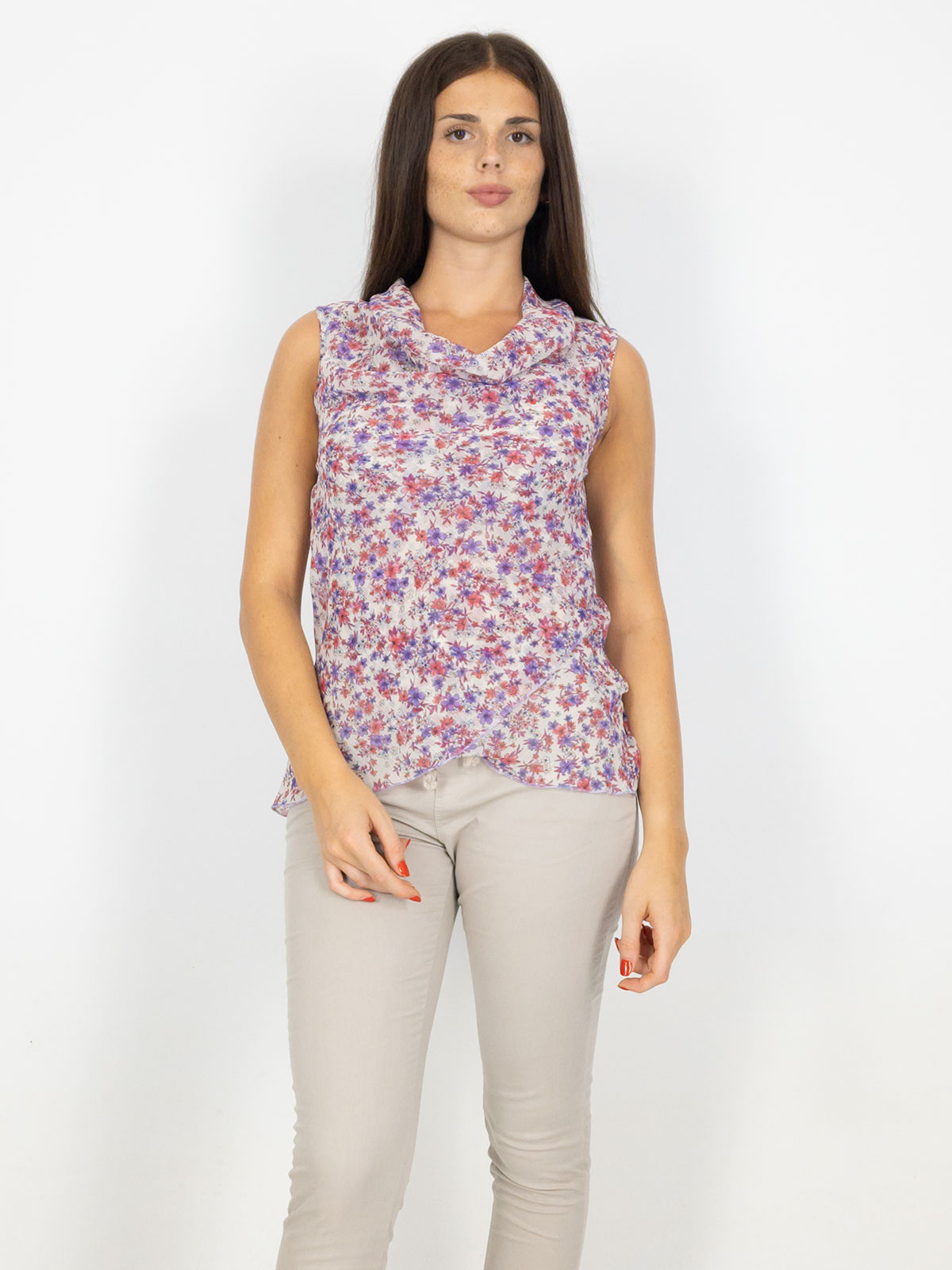 Top Donna Senza Maniche Floreale In Chiffon Scollo Drappeggiato