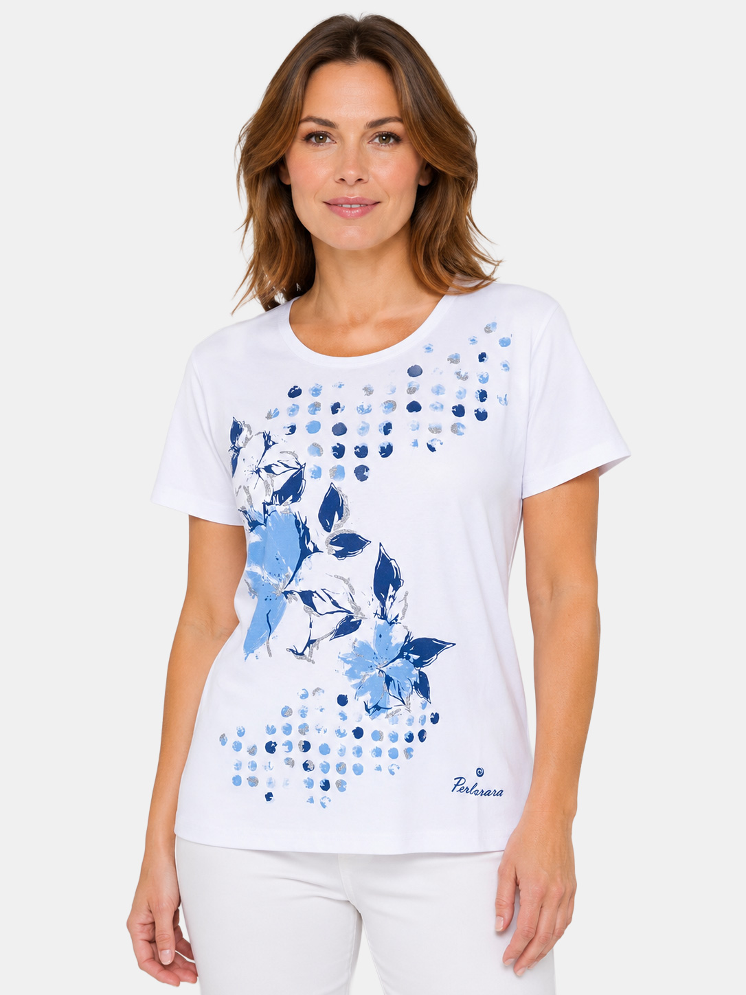 Women's Cotton T-Shirt with Floral Print and Lurex E109-26