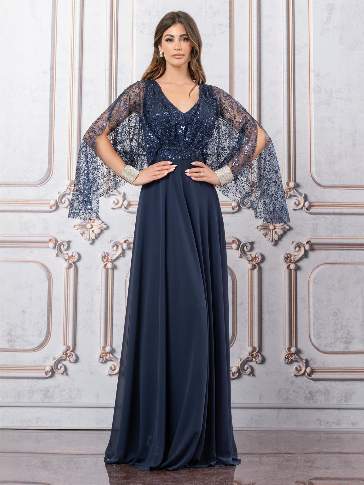 Long empire-waist chiffon formal dress