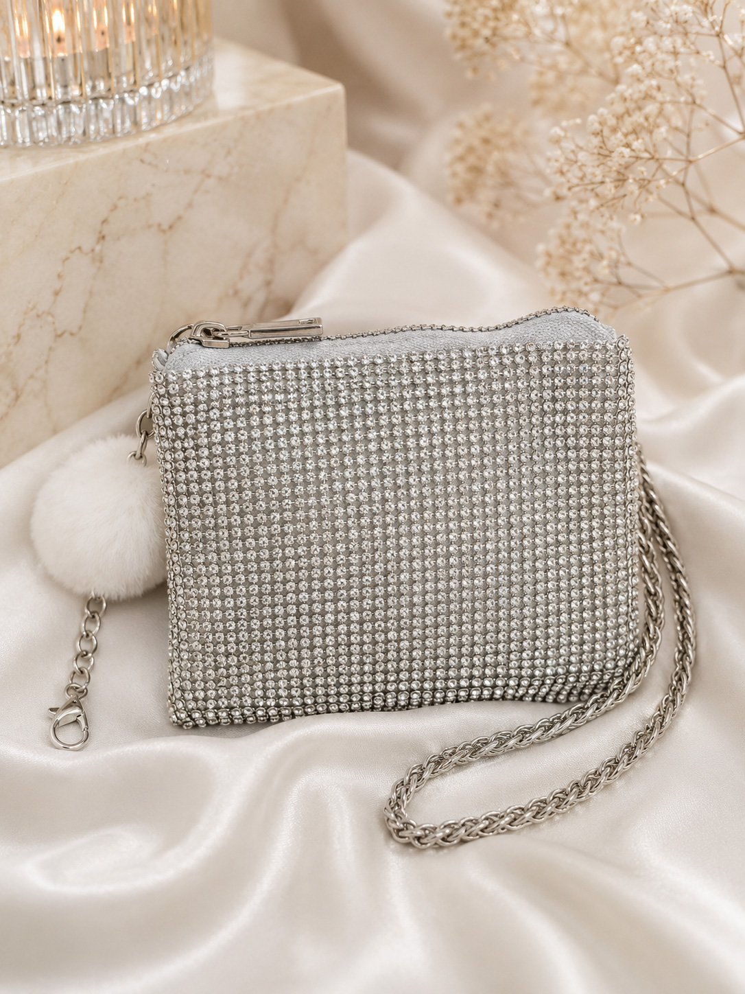 Silver Mini Pochette with Rhinestones Coin Purse and Document Holder V6064-argento
