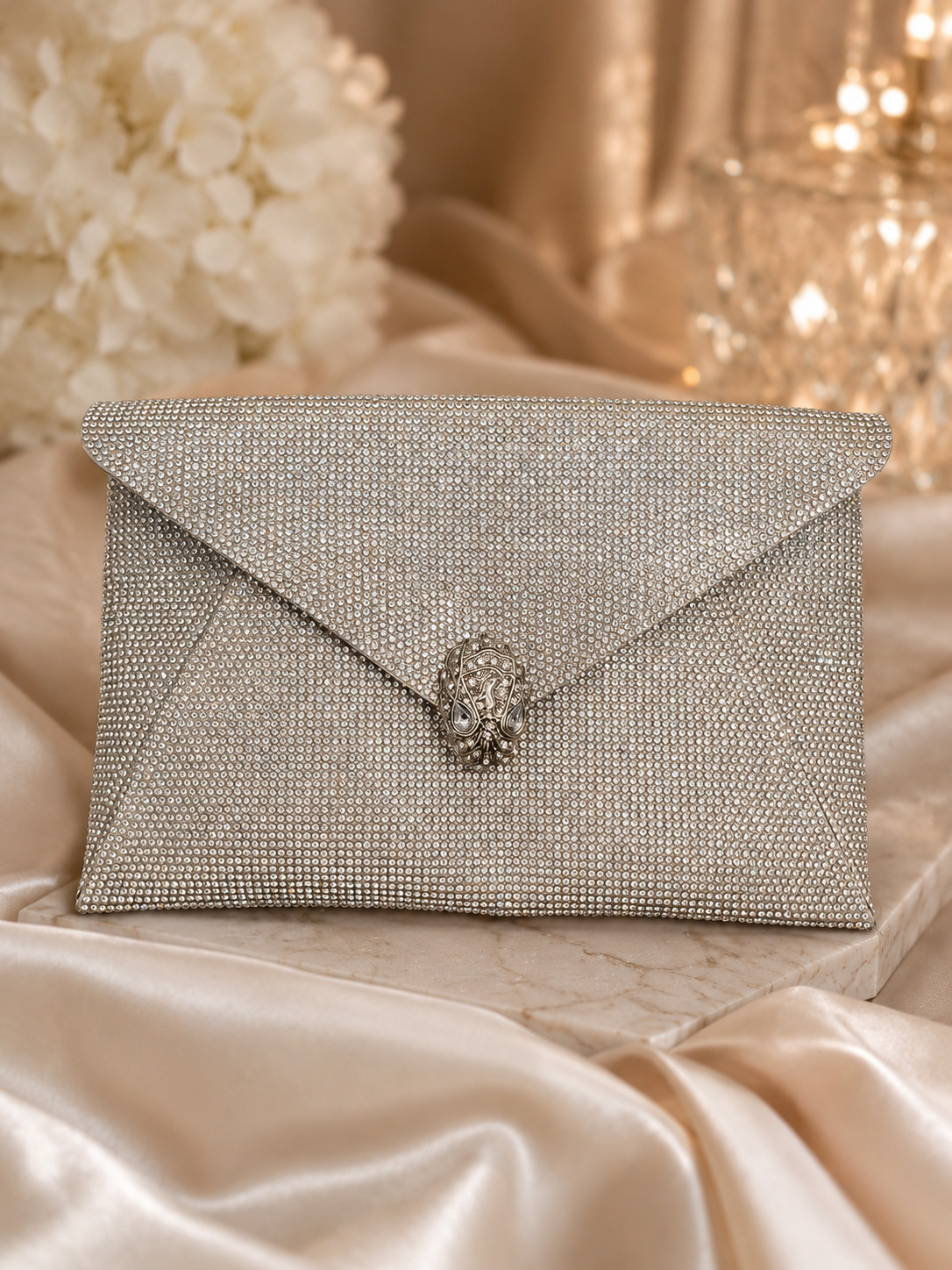 Silver Ceremony Clutch with Rhinestones and Jewel Closure