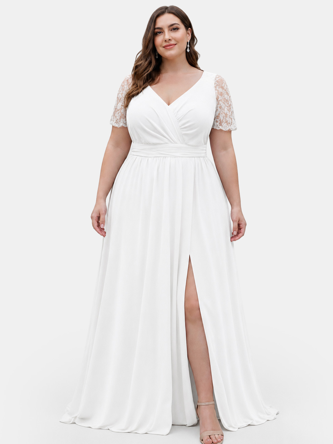 Abito da Sposa Curvy Bianco in Chiffon con Pizzo e Spacco Laterale