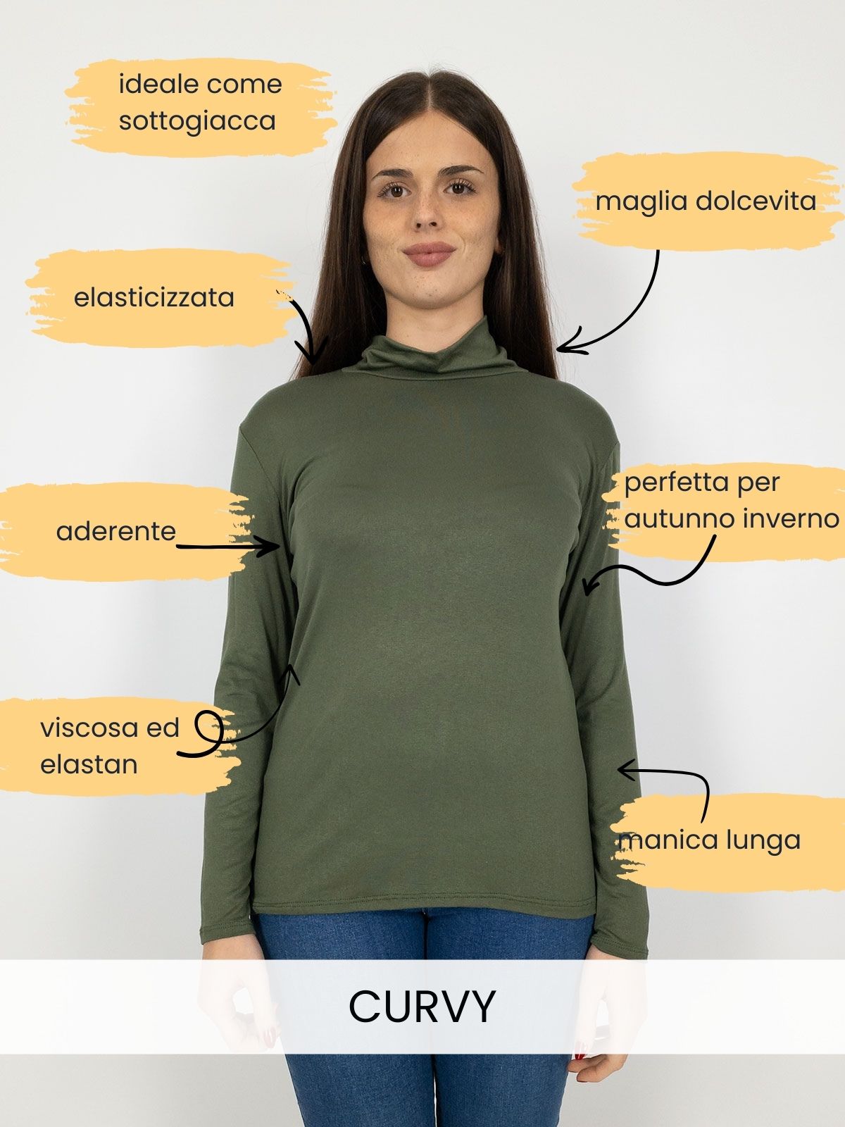 Dolcevita Donna Curvy Elasticizzato in Viscosa a Manica Lunga