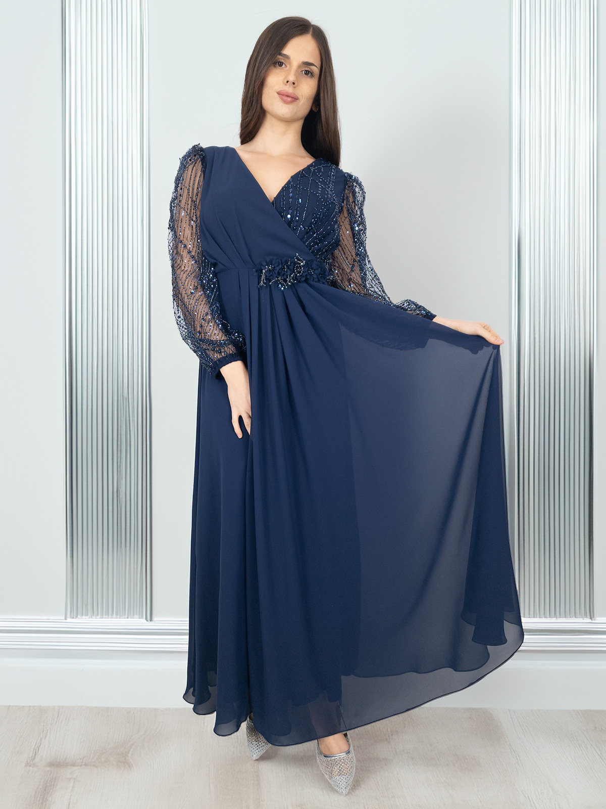 Long Ceremony Dress with Cross-Over V-Neckline