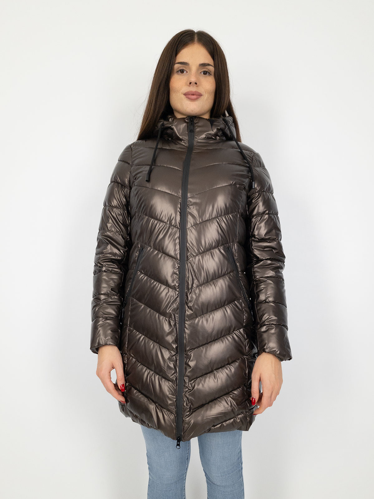 Piumino Lungo Al Ginocchio Donna Con Cappuccio Staccabile