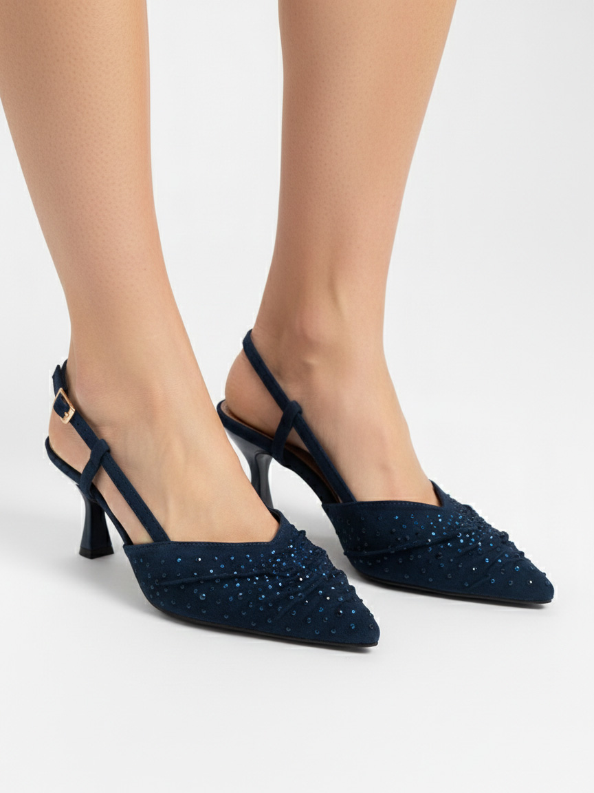 Décolleté slingback blu con strass e tacco a clessidra