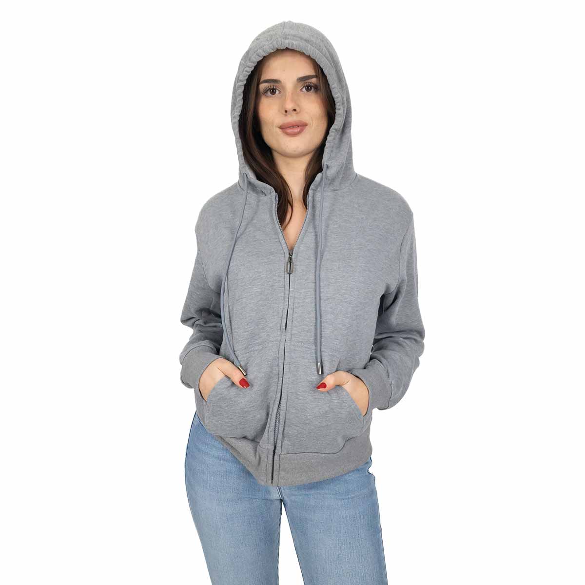 Felpa Donna con Zip Oversize e Cappuccio Tasche Frontali