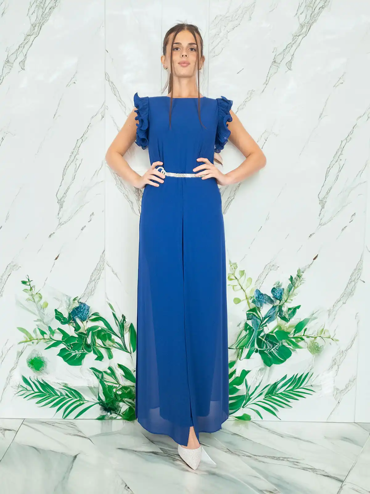 Jumpsuit Donna Elegante Cerimonia Tuta con Maniche Arricciate e