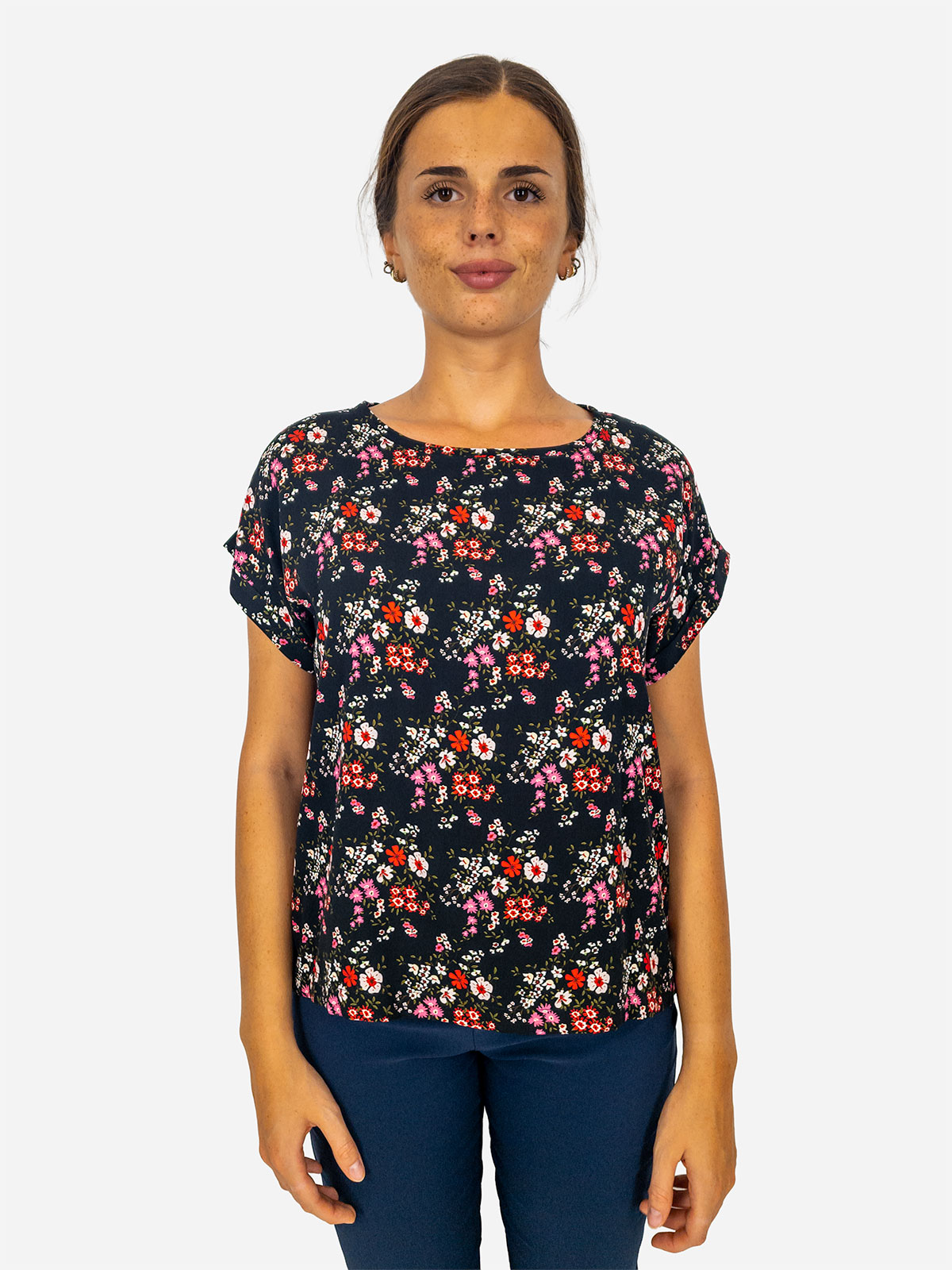 Blusa nera a fantasia floreale donna in viscosa Made in Italy
